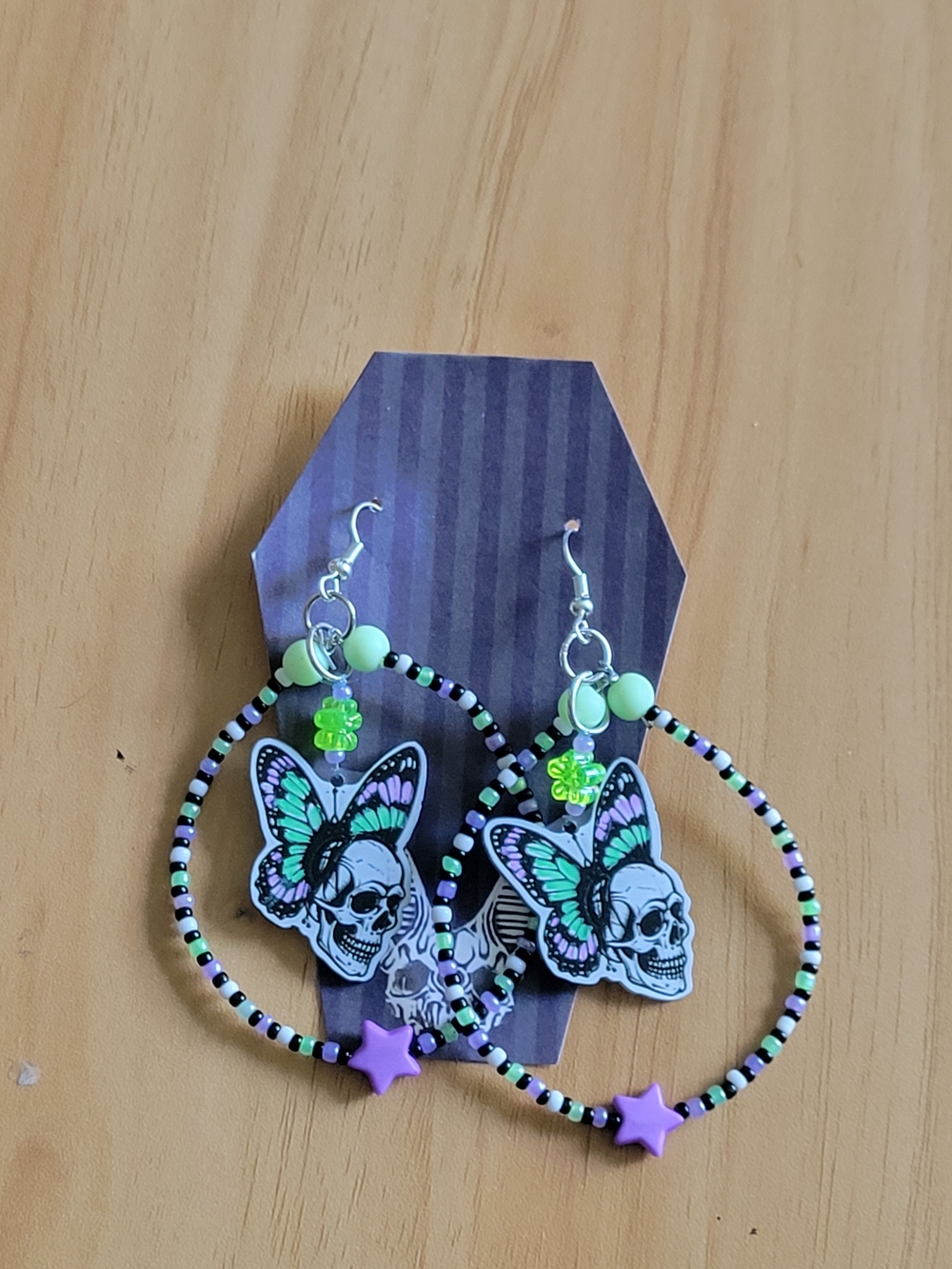 🧋NEW🧋Hand Crafted Butterfly Skull Hoop Earrings - Purple & Mint